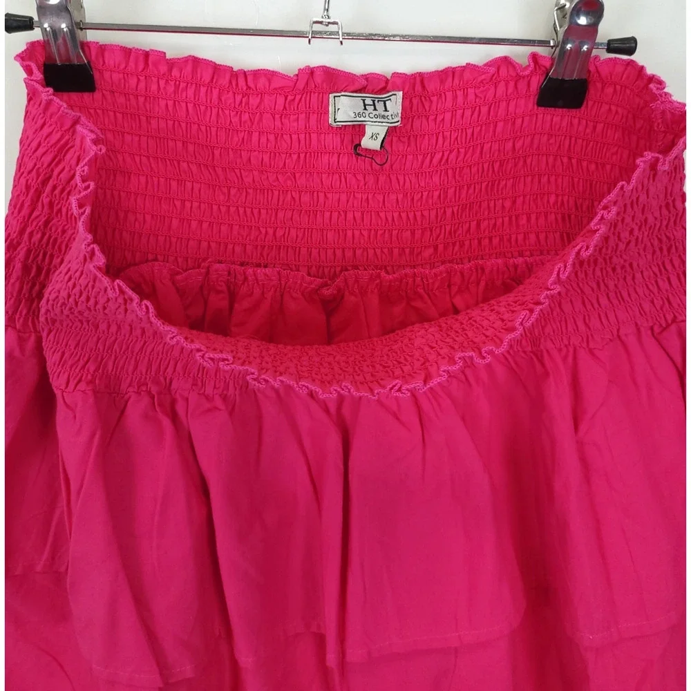 Short Layered Skirt Smocked Pleated Pull On Women XS Fuchsia Preppy Beachy‎